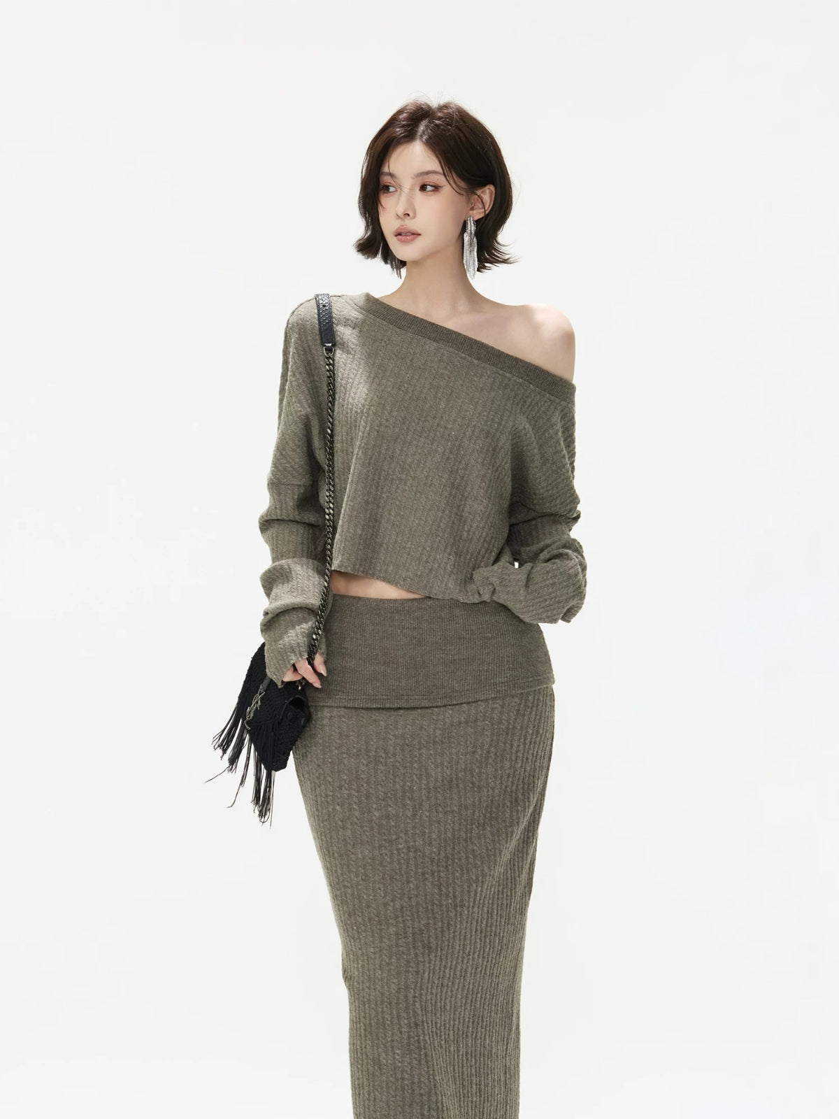 Asymmetric Ribbed Knit & Maxi Skirt Set