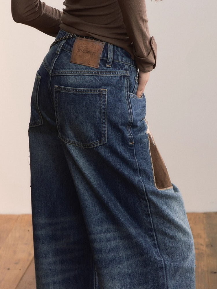 Patchwork Contrast Straight-Leg Jeans