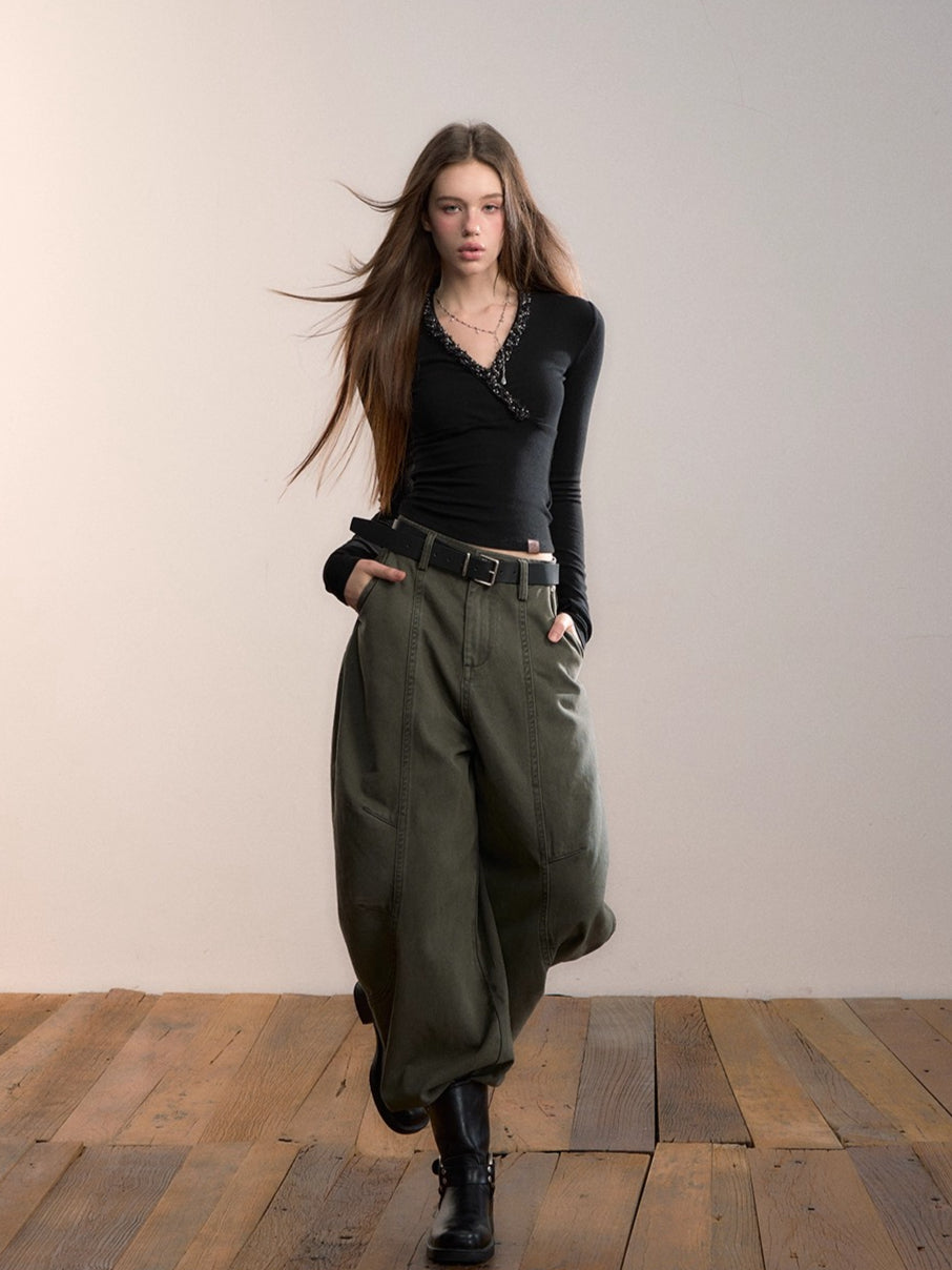 Army Green Wide-Leg Pants
