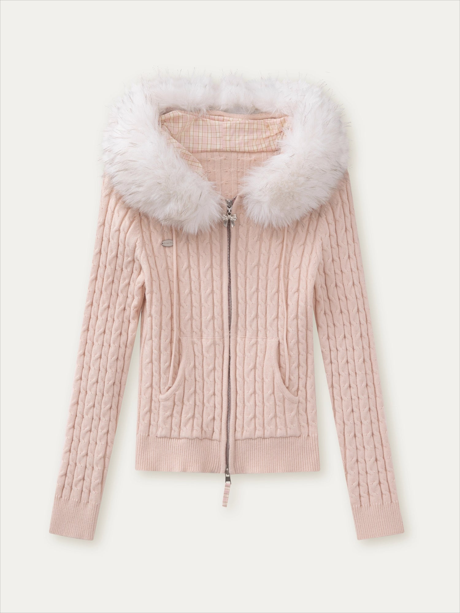 Detachable Fur Collar Blush Zip-up Knit Cardigan
