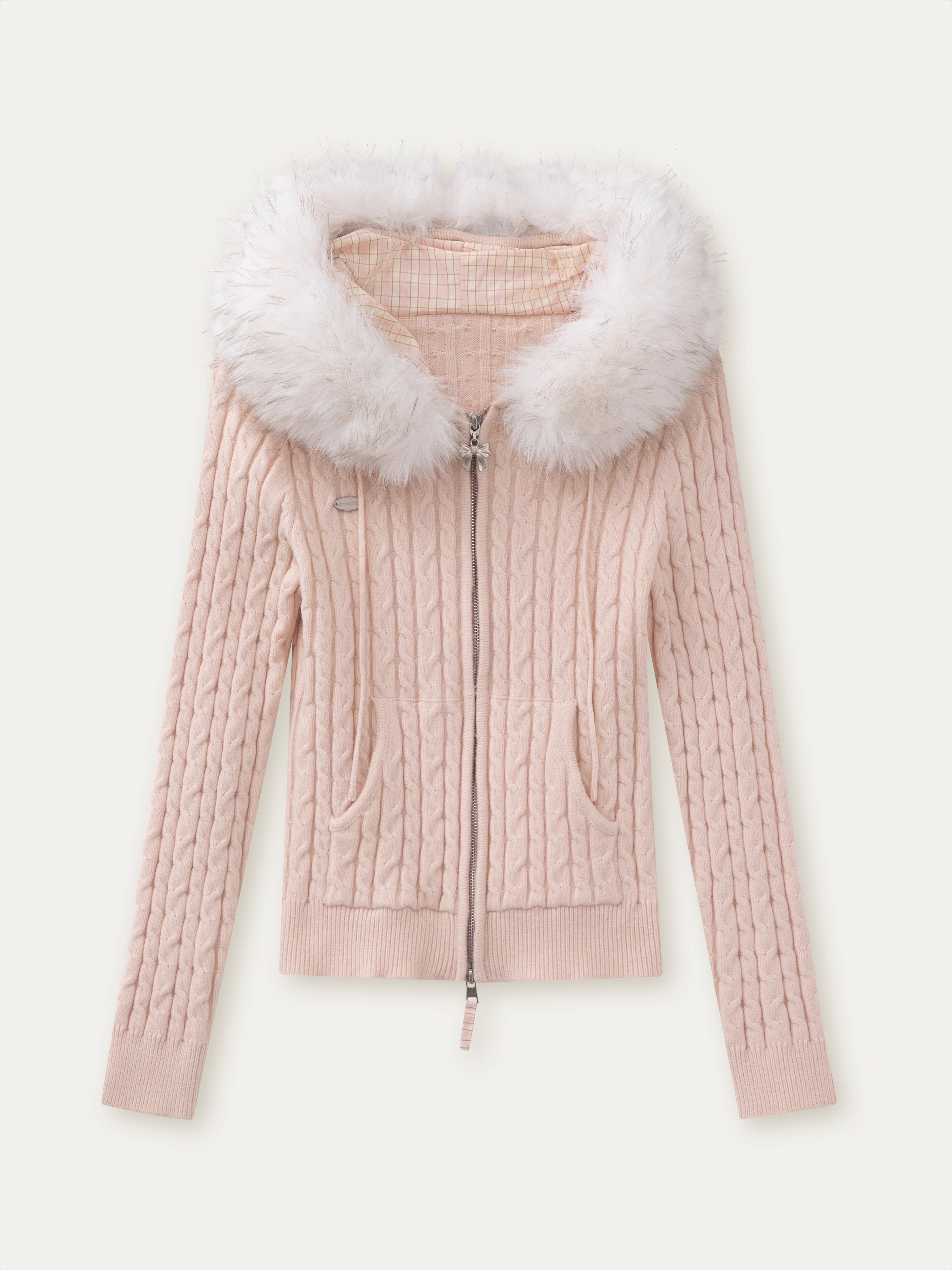 Detachable Fur Collar Blush Zip-up Knit Cardigan