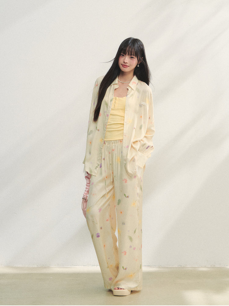 Lace-trimmed Floral Print Long-sleeve Shirt