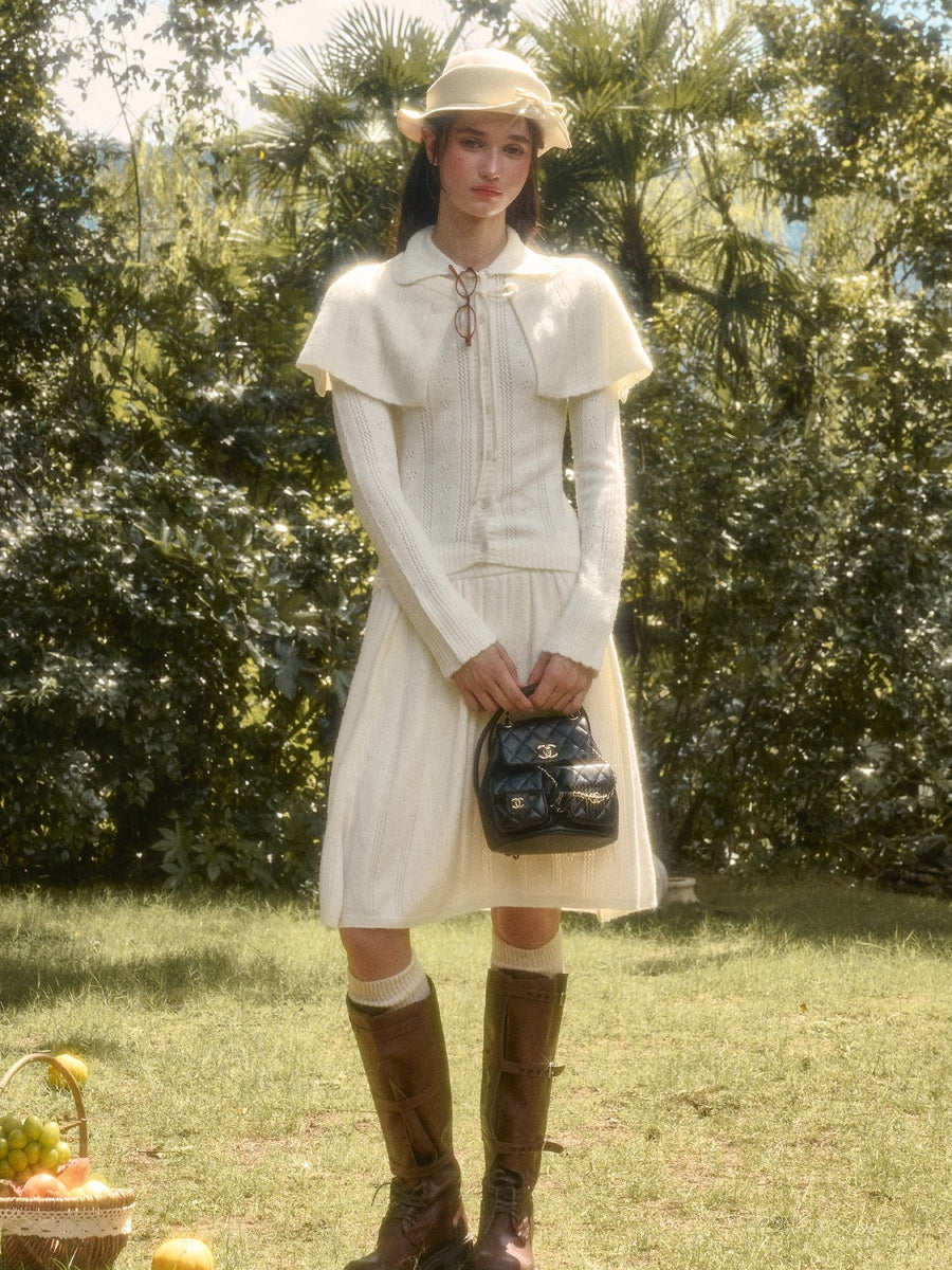 Snow Library Wool Knit Cape Cardigan & Skirt Set