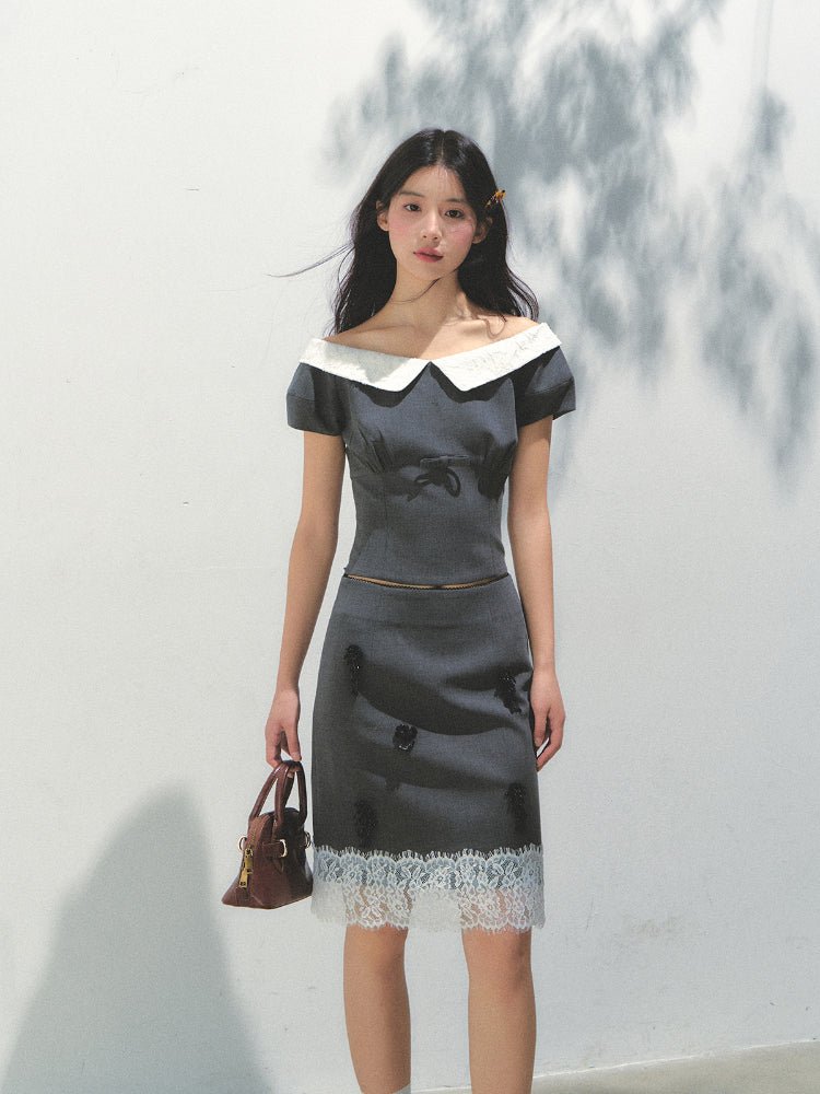 Dark Gray Princess Sleeve Top & skirt set