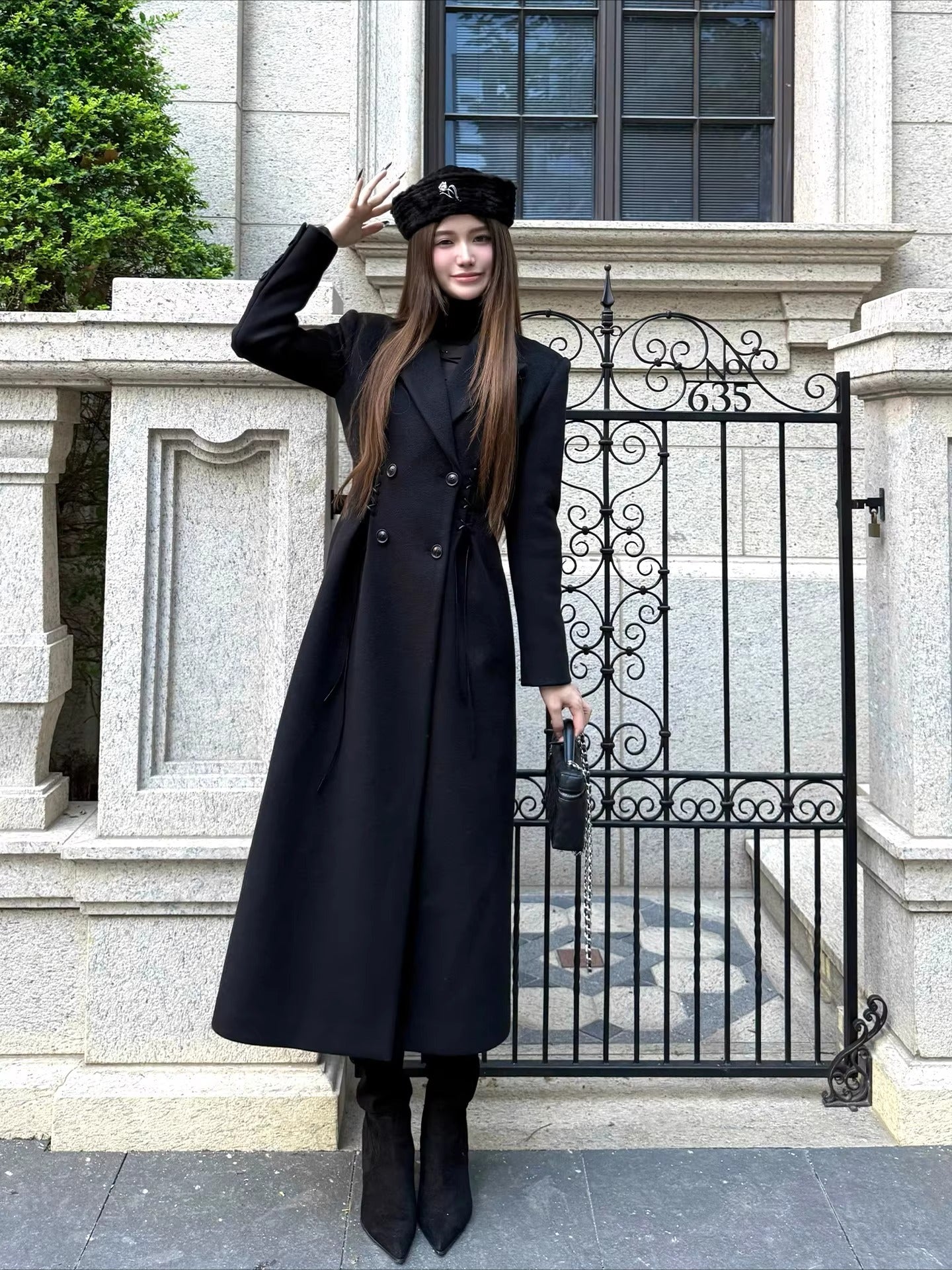 Laced Waist Double Breasted Wool Coat