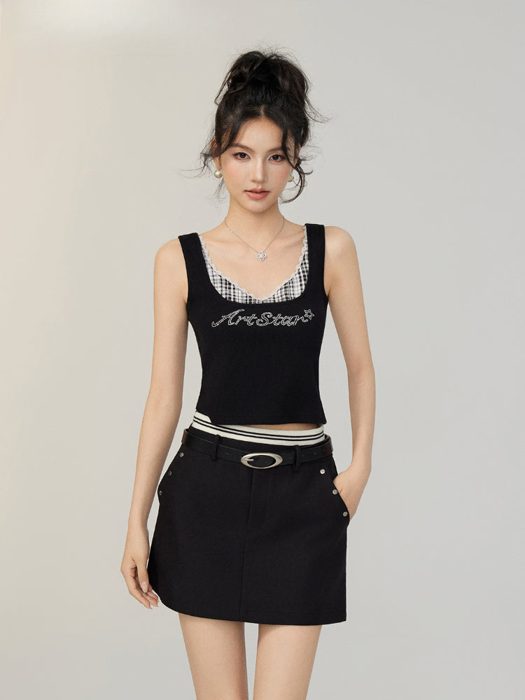 Plaid Patchwork Rhinestone Vest