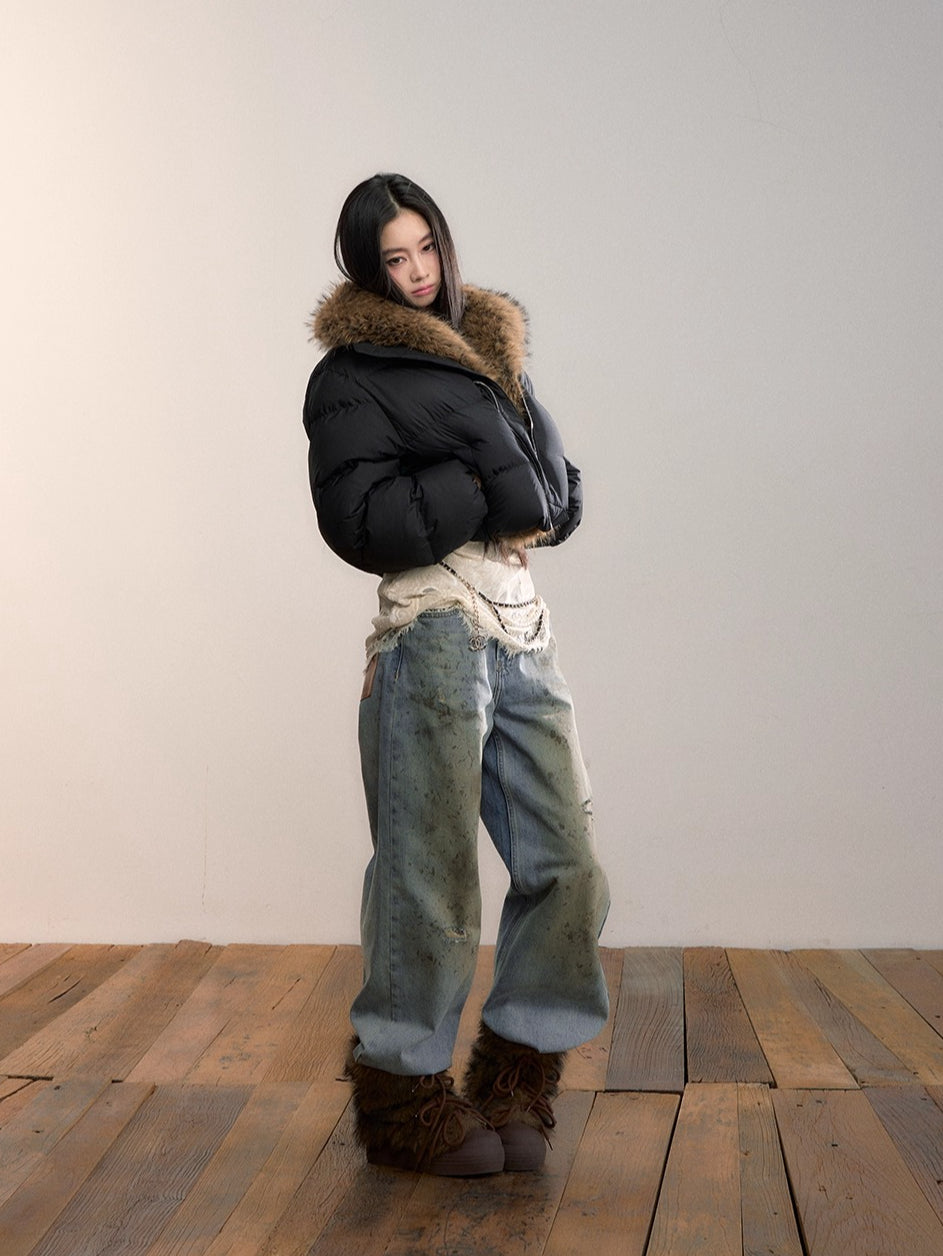 Colorblock Detachable Fur Down Jacket