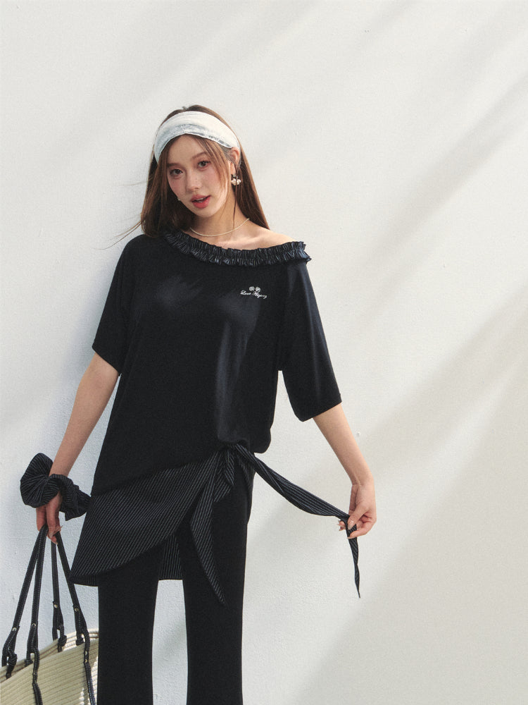 Checkered Asymmetric Shoulder Short-Sleeve T-Shirt & Pants Set