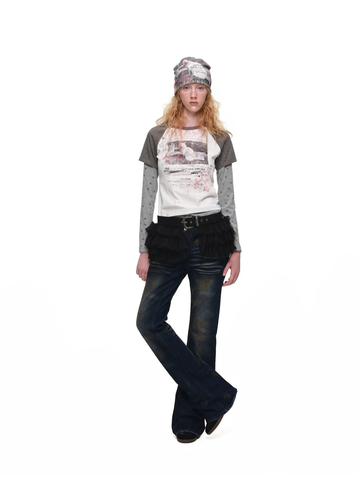 Cat Print Layered Raglan Top