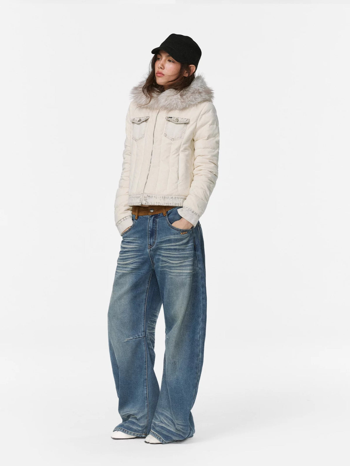 Faux Suede Waistband Barrel Jeans