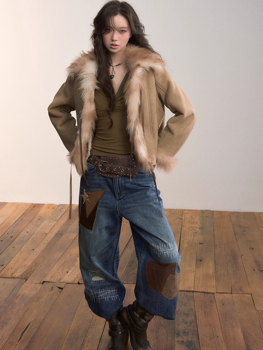 Bow Knot Tie Faux Leather Fur Combo Jacket