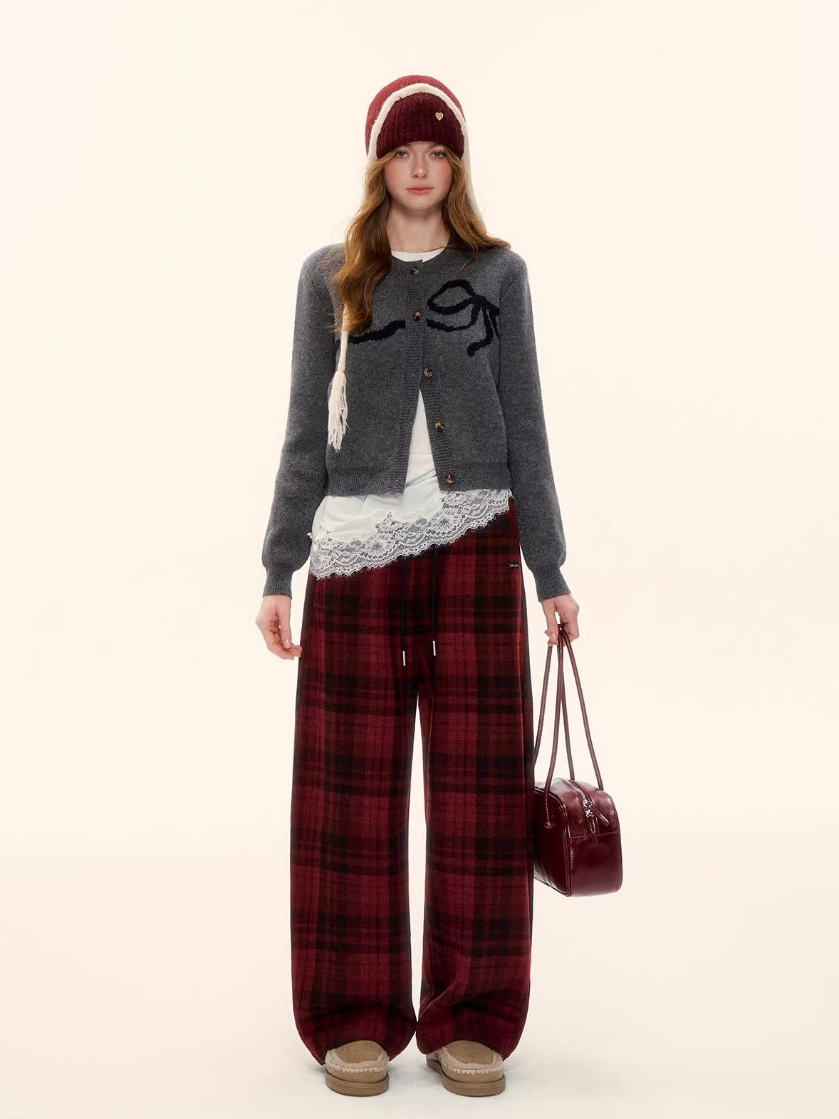 Red Plaid Wool-Blend Drawstring Wide-Leg Pants
