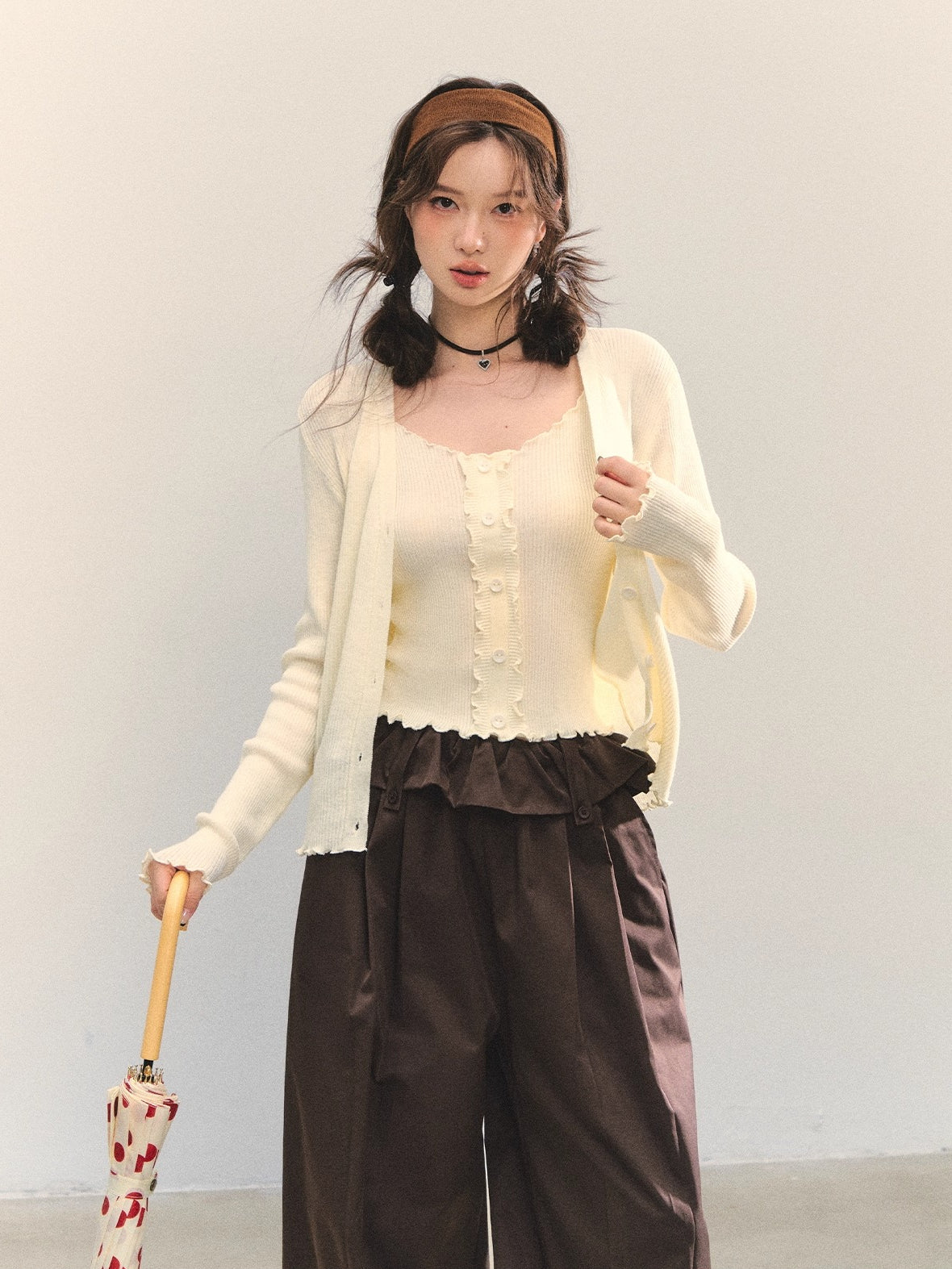 Lettuce-Edge Cardigan & Camisole Set