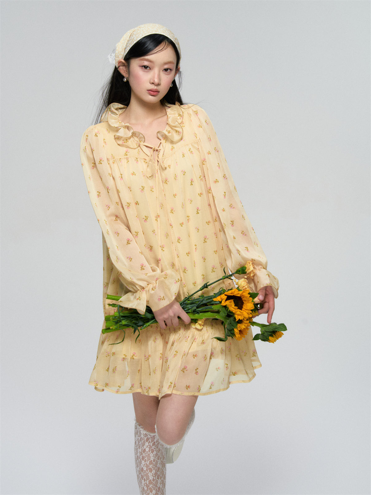 Ruffled Floral Long Sleeve Dress