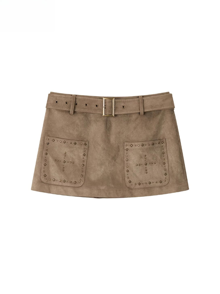Studded Belt Faux Suede A-Line Skirt