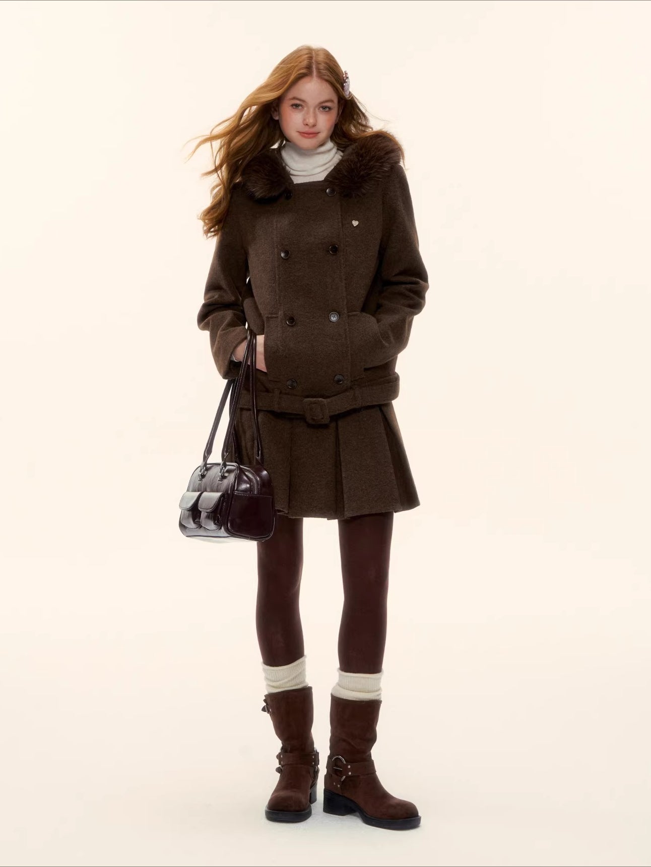 Coffee Hooded Wool Short Jacket & Skirt Set