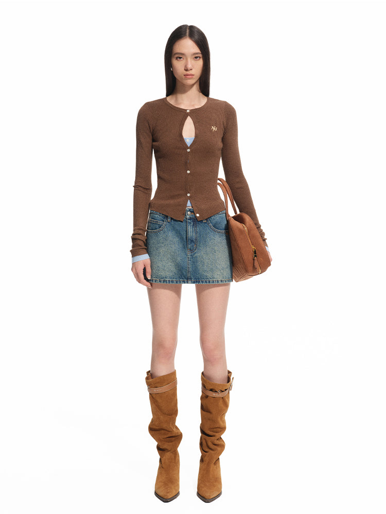 Vintage Washed Twill Patchwork Leather Straight Short Skirt