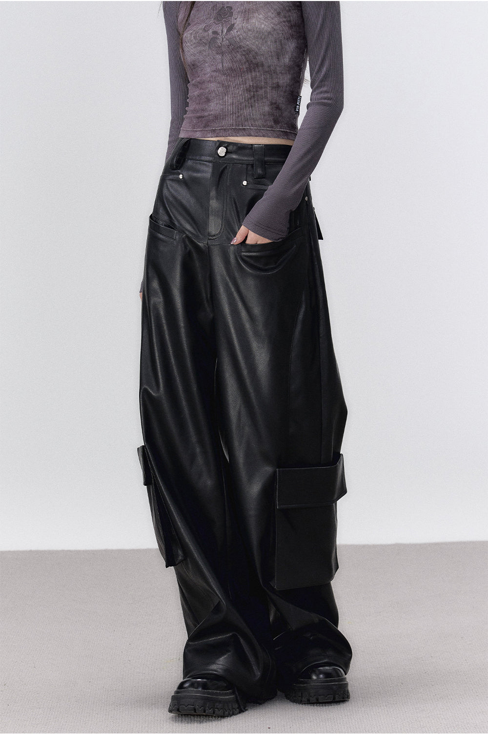 Black Rivet Straight Leather Pants
