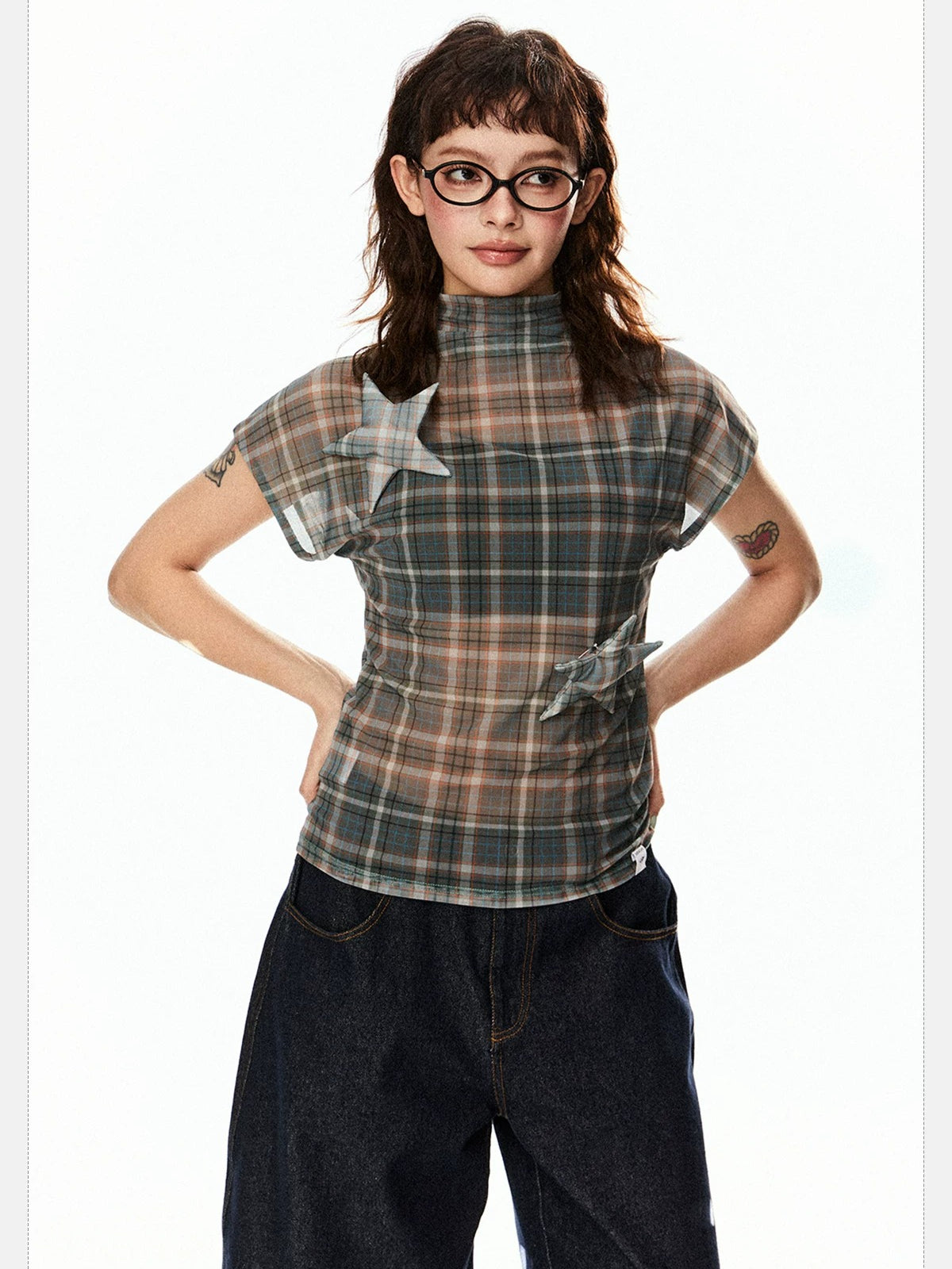 Vintage Plaid Mesh Short Sleeve Top