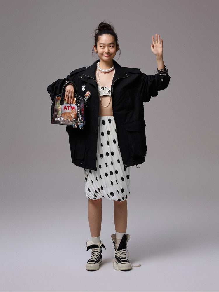 Heavy Embroidery Jacquard Multi-pocket Stand Collar Utility Jacket