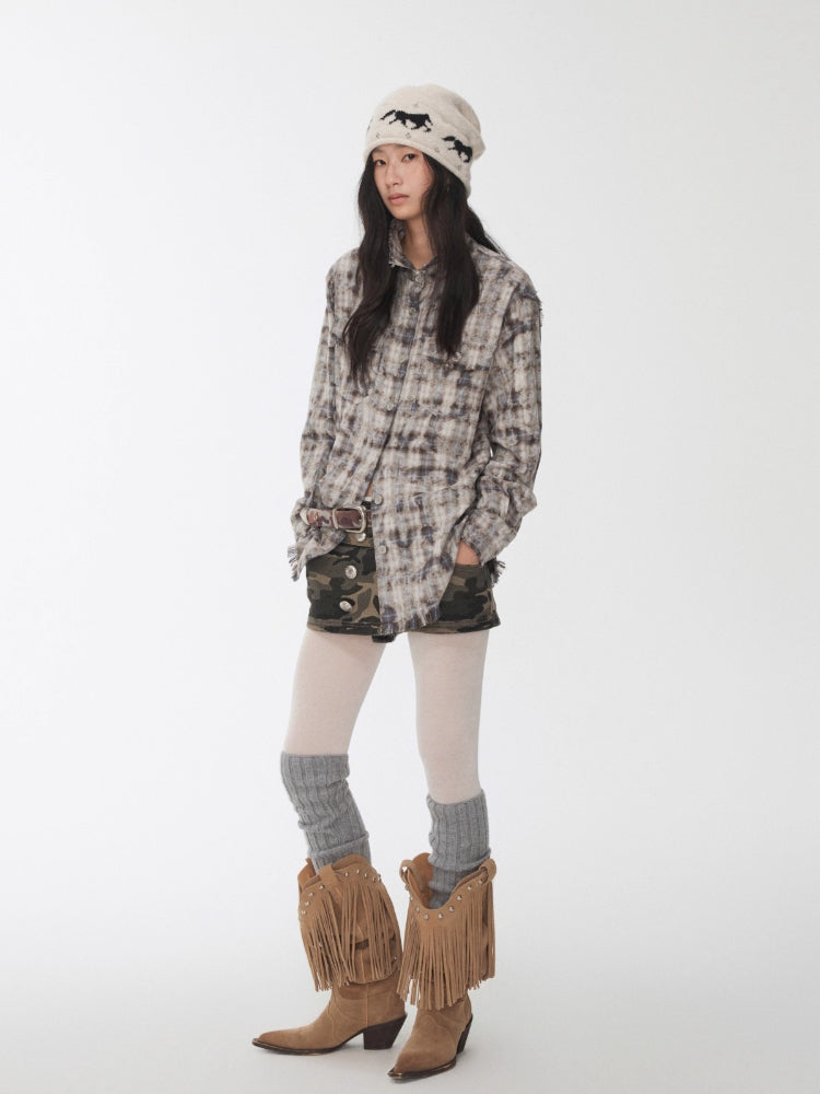Washed Plaid Frayed-Edge Fitted Shirt