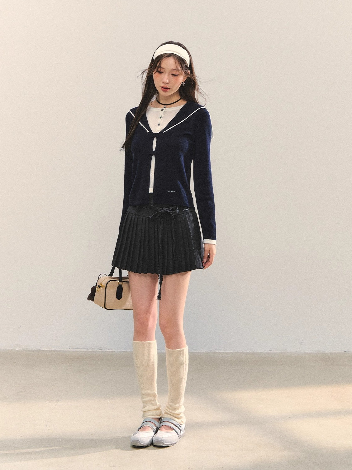 Navy Blue & Gray Sailor-Bow Knit Cardigan