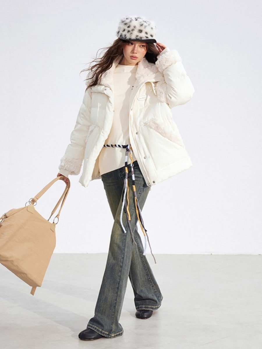 Shearling Patchwork White Down Puffer Jacket