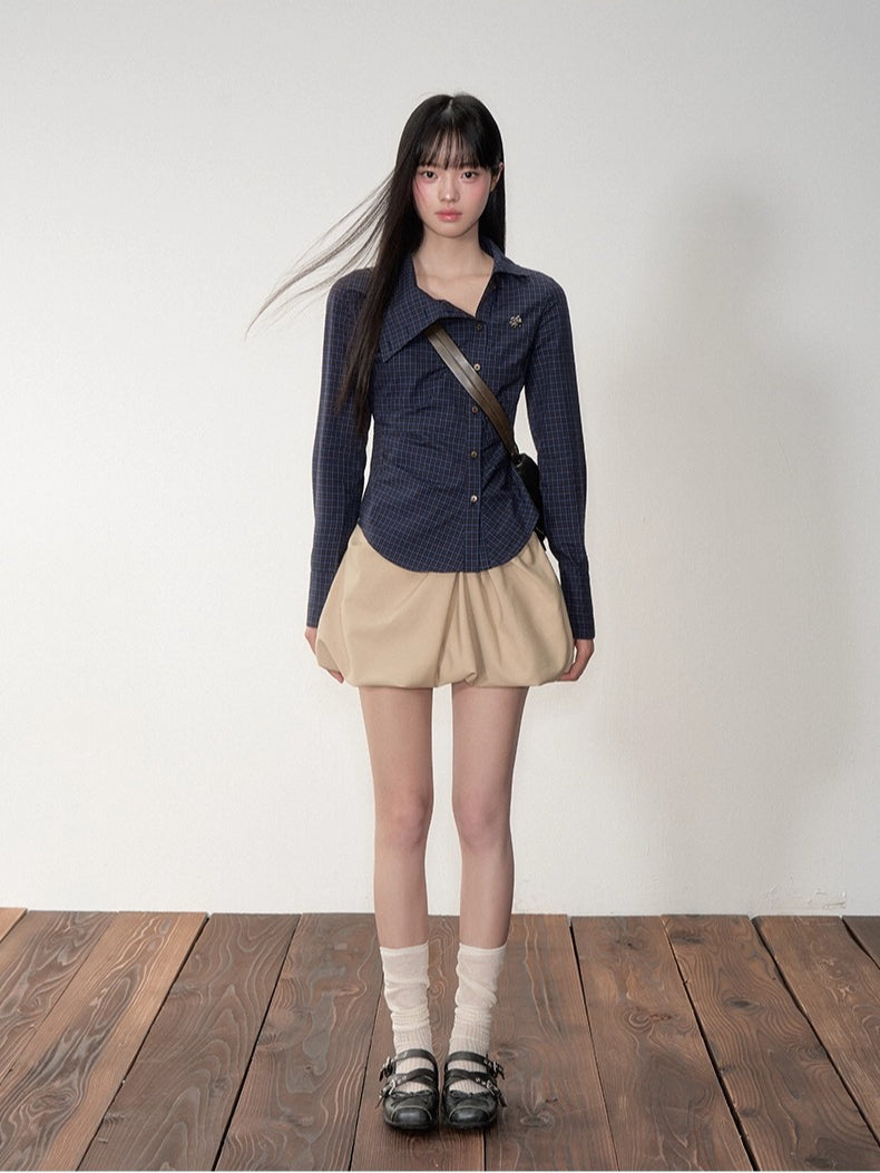 Navy Blue Plaid Lapel Collar Shirt