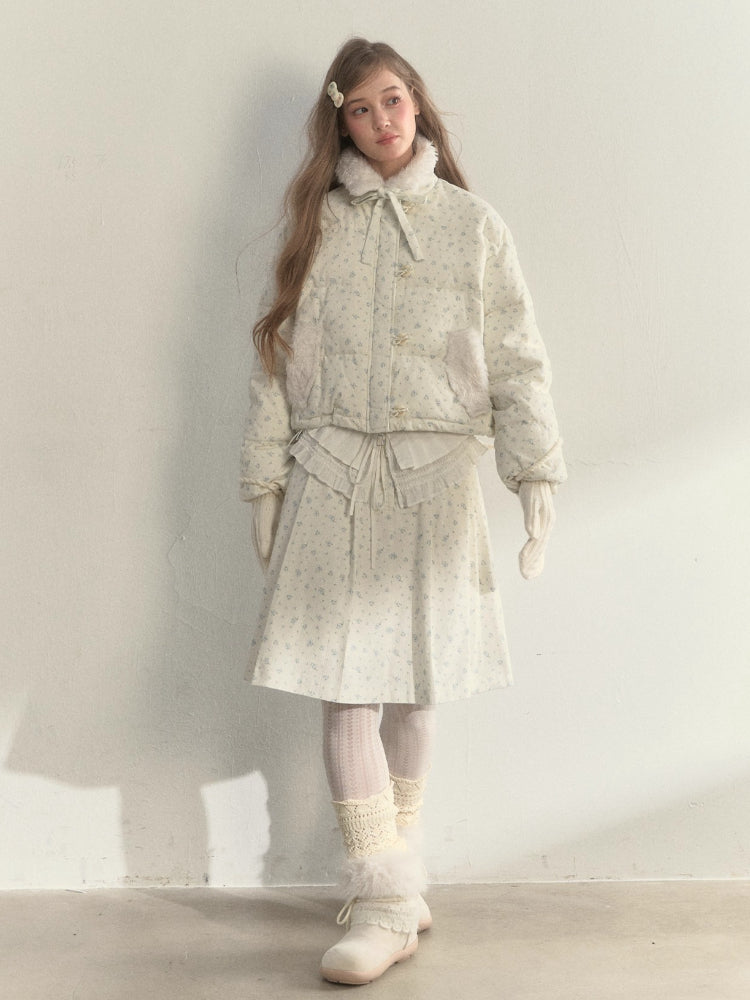Floral Corduroy Down Jacket & Pleated Skirt