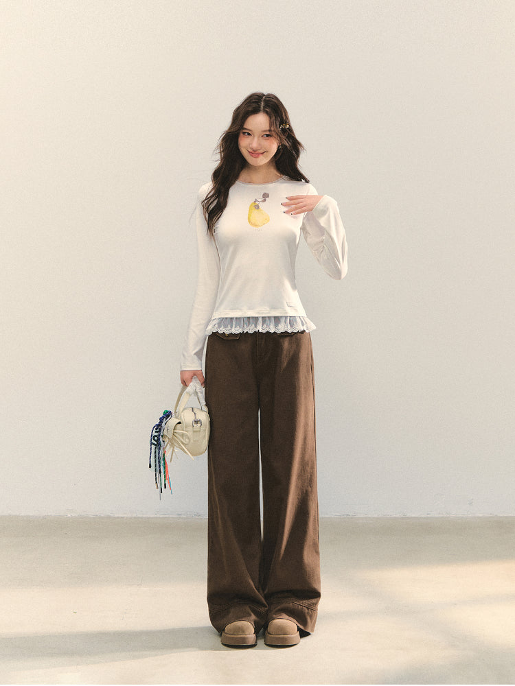 Fruit Print Lace-spliced T-Shirt