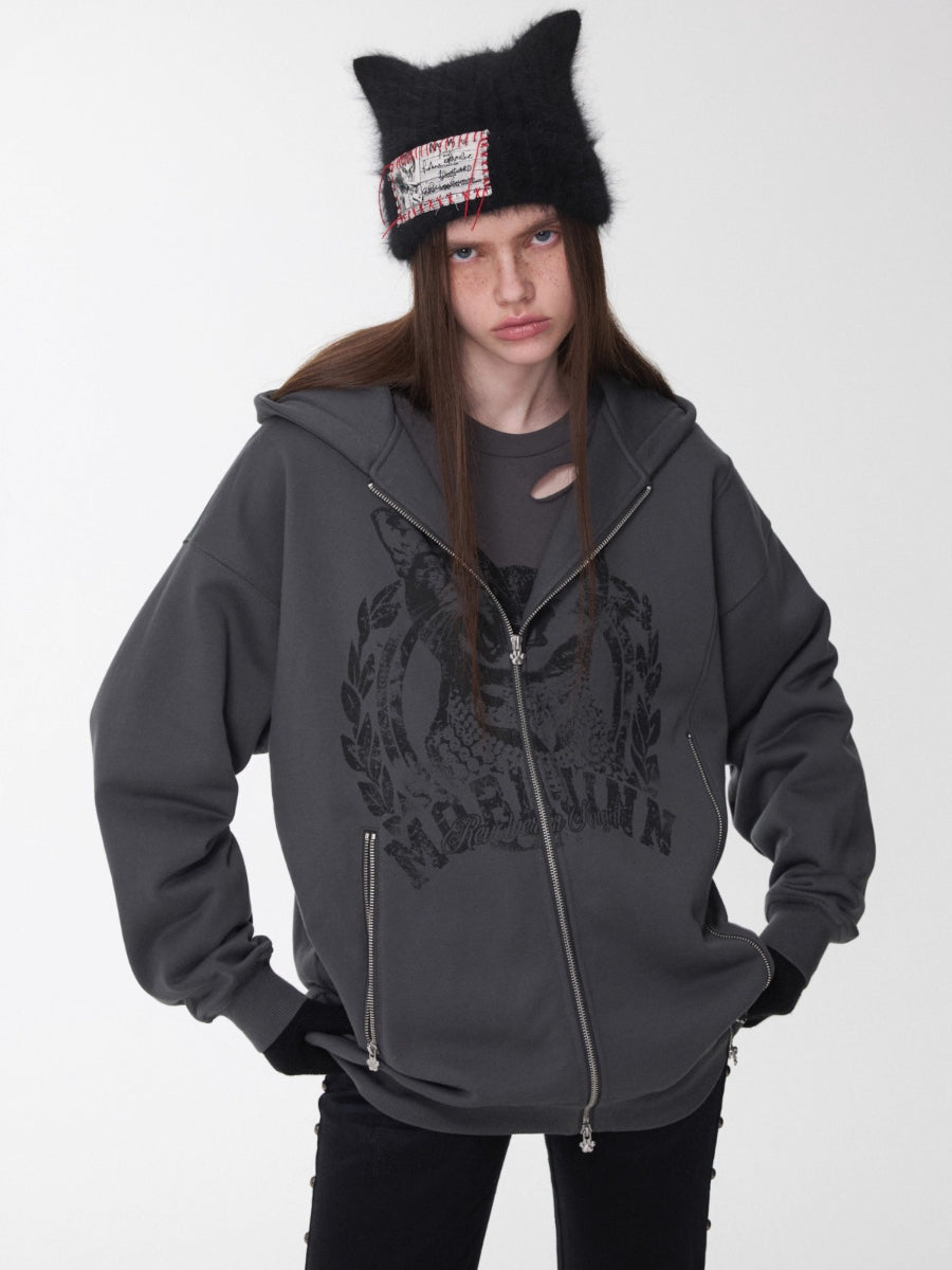 Cat Graphic Double-Zip Convertible Hoodie Jacket