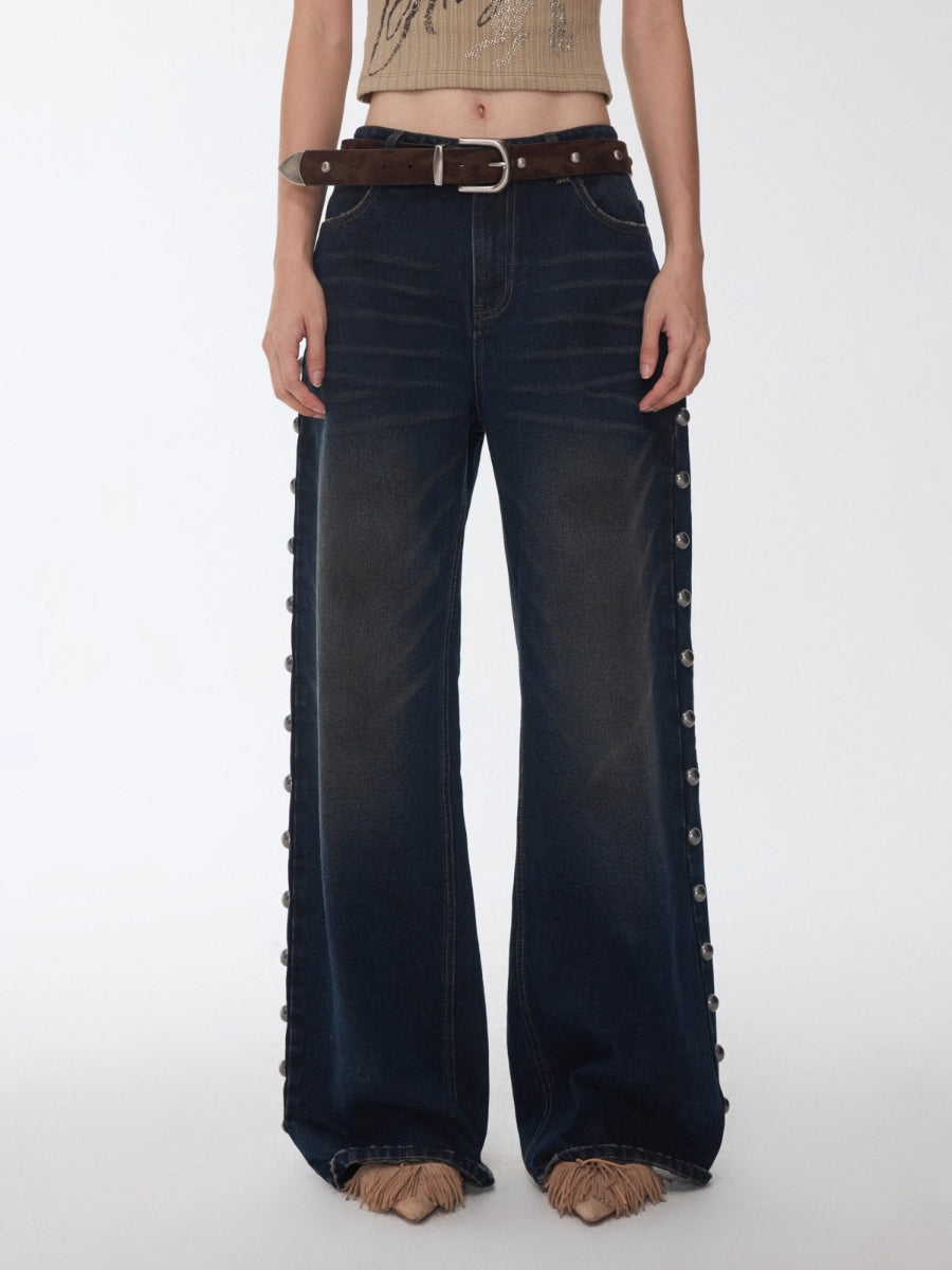 Mud-Dyed Washed Studded Straight-Leg Jeans