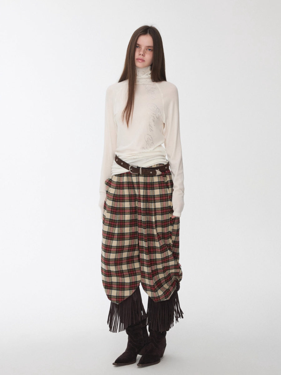 Vintage Red Plaid Brushed Cotton Wide-Leg Pants
