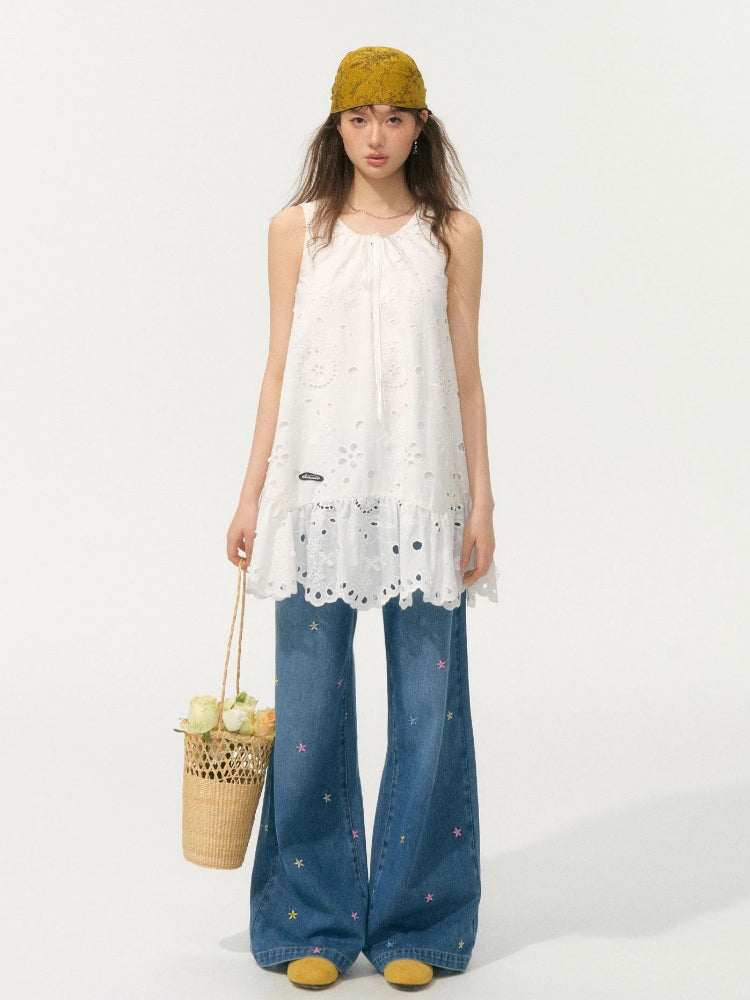 Embroidered High-Waisted Wide-Leg Pants