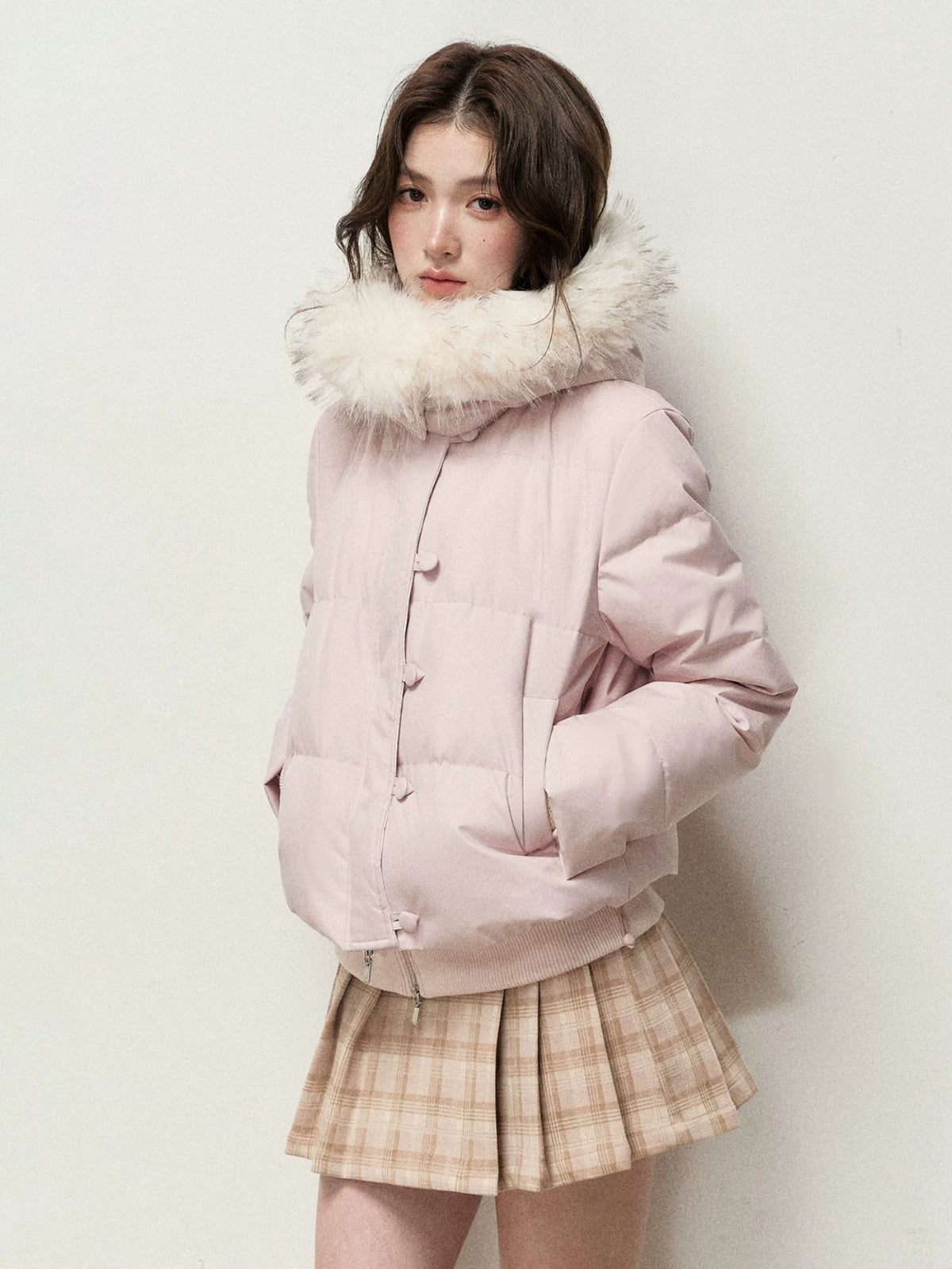 Faux Layered Fur-Trim Hooded Down Jacket