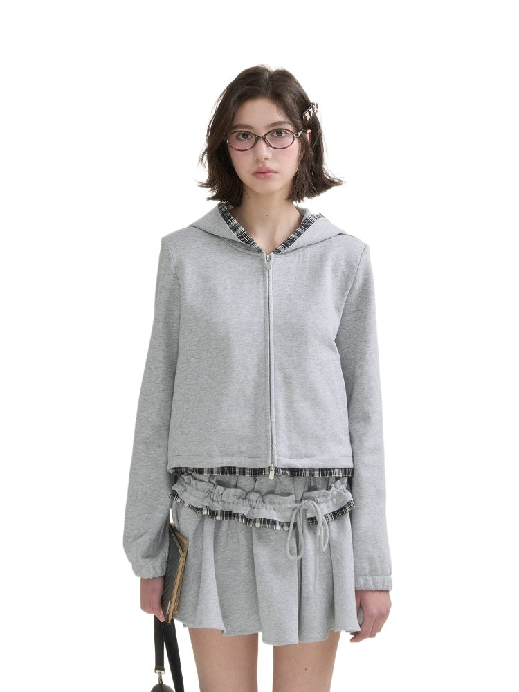 Gray Plaid Spliced Hoodie & Skirt Set
