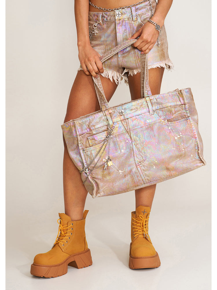 Compass Badge Patina Leather Flip Bag Medium Caramel Patina