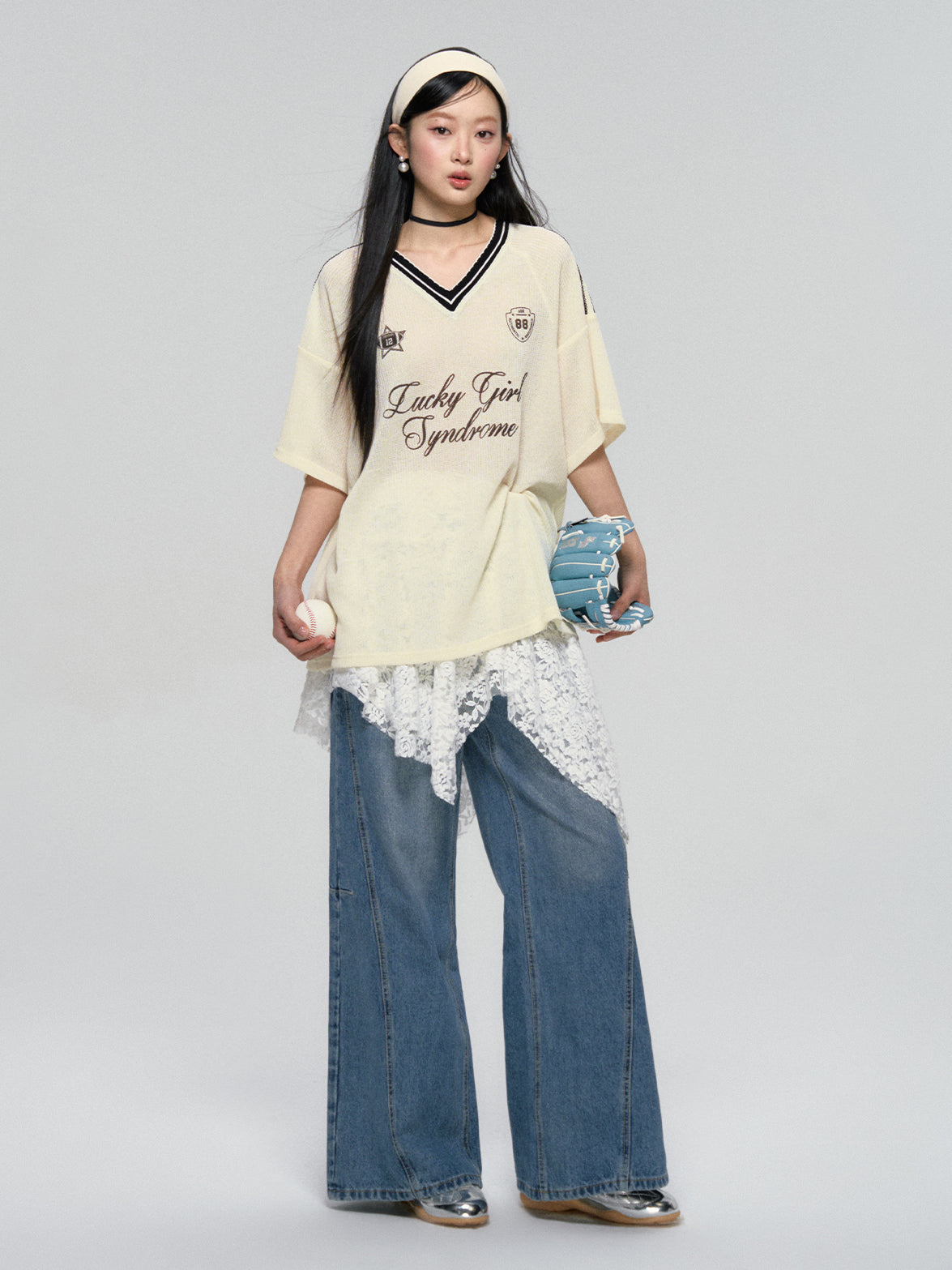 Panel Stitch Lace Patch High Waist Jeans