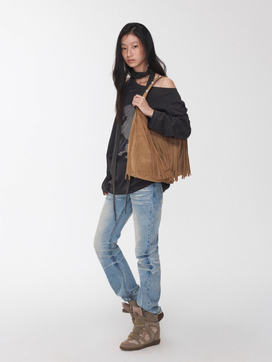 Rhinestone Graphic Off-Shoulder Tie Sweatshirt