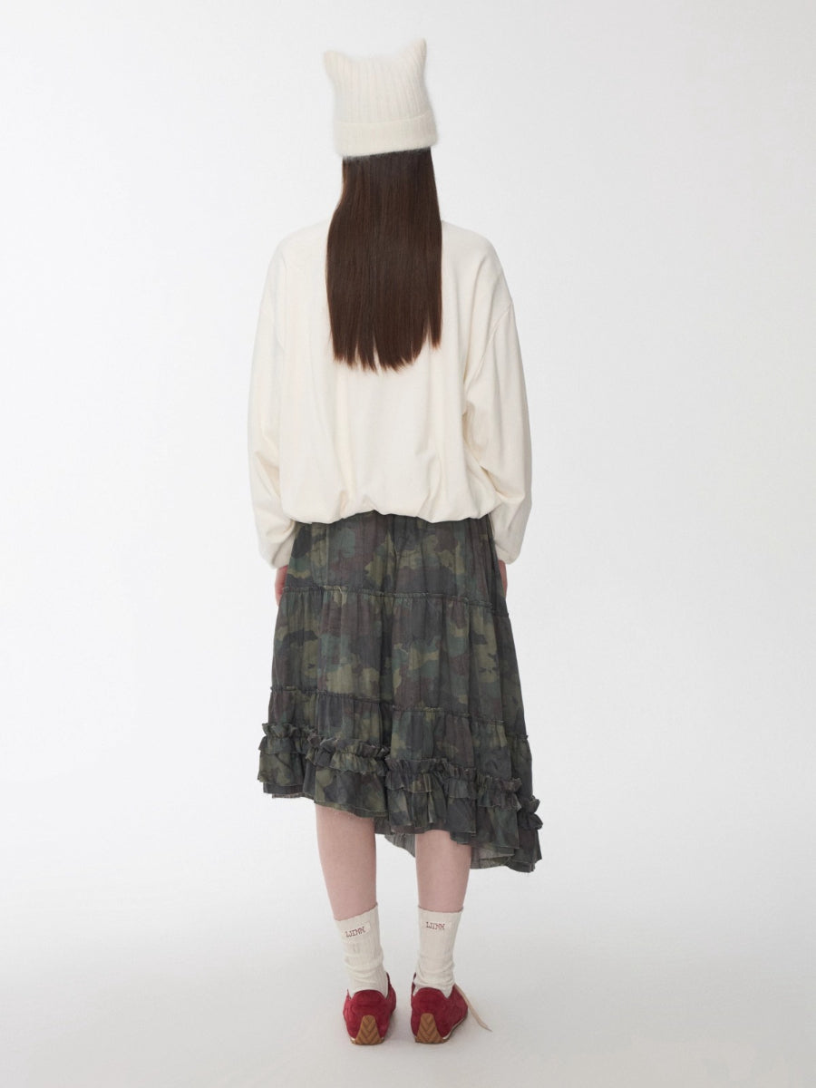 Camouflage Frayed Ruffle Layered Skirt