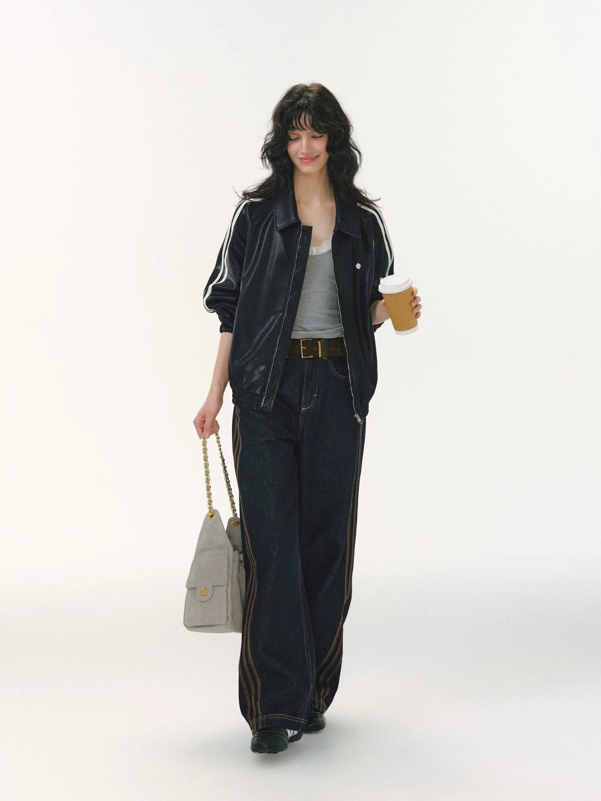Ribbon Lapel PU Leather Jacket