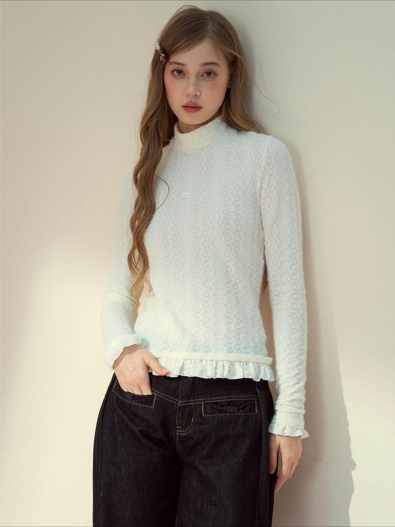 Layered Lace-Texture Mock Neck Knit Top