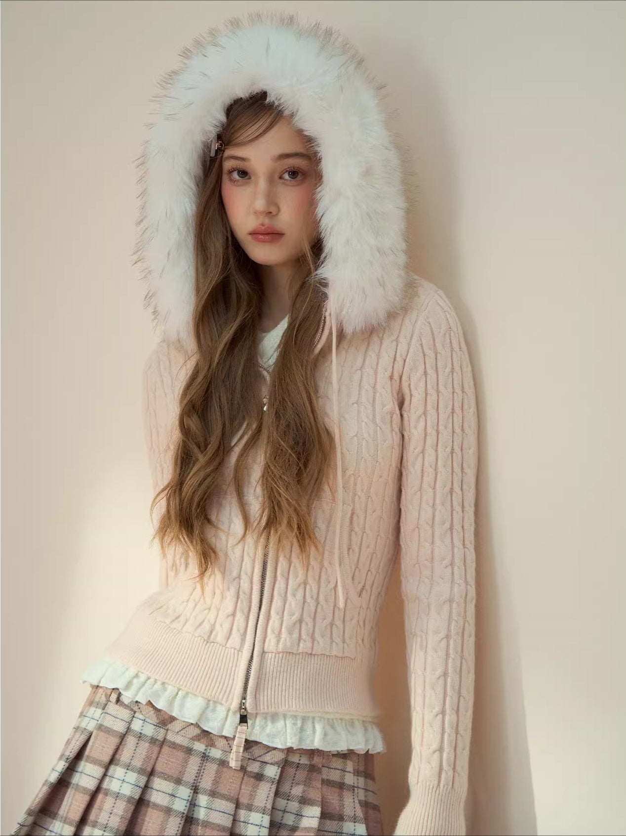 Detachable Fur Collar Blush Zip-up Knit Cardigan