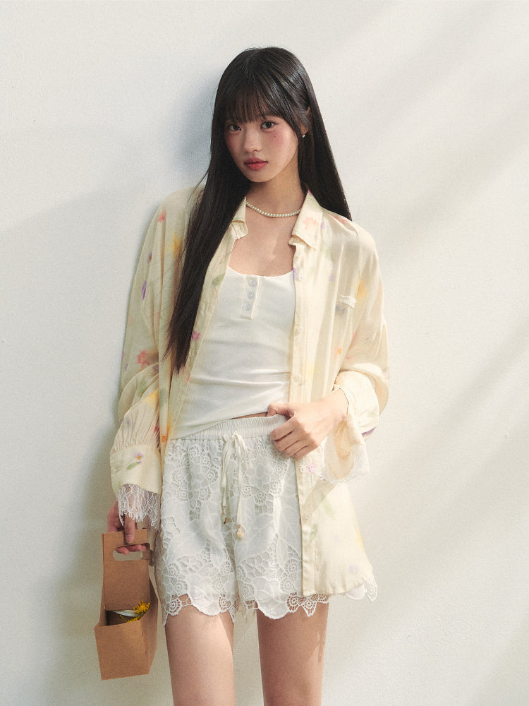 Lace-trimmed Floral Print Long-sleeve Shirt