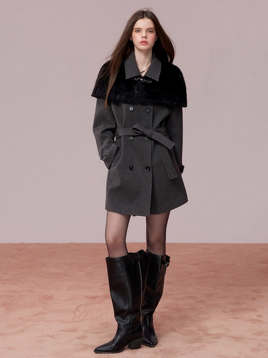 Fur Collar Cape-Style Wool Coat