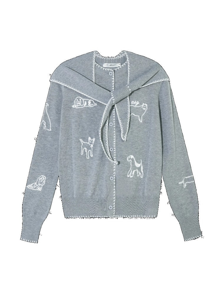 Puppy Embroidered Trim Hooded Knit Sweater