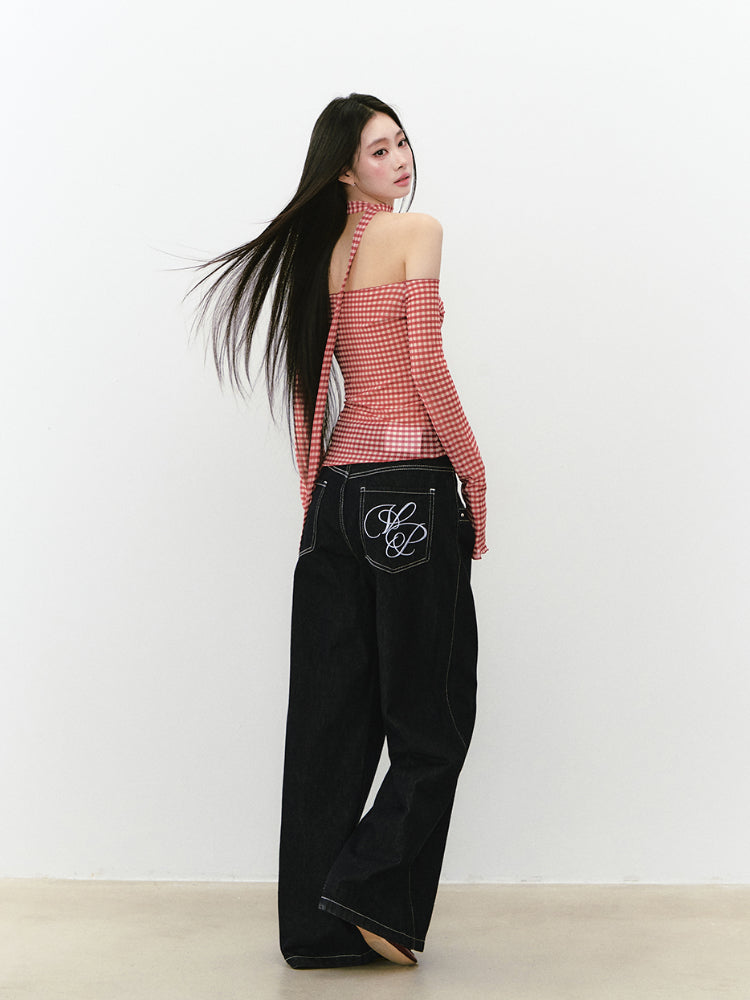 Irregular Waist Original Color Wide-Leg Denim Pants