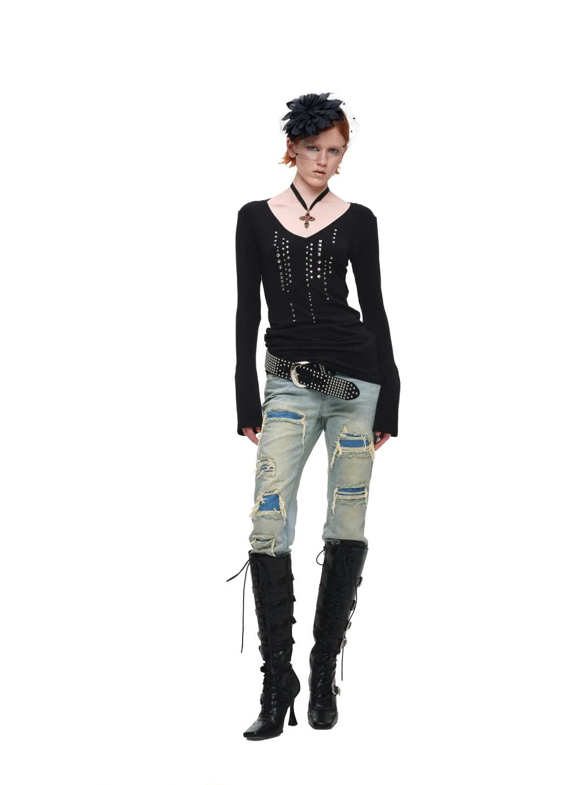 Rhinestone V Neck Knit Top