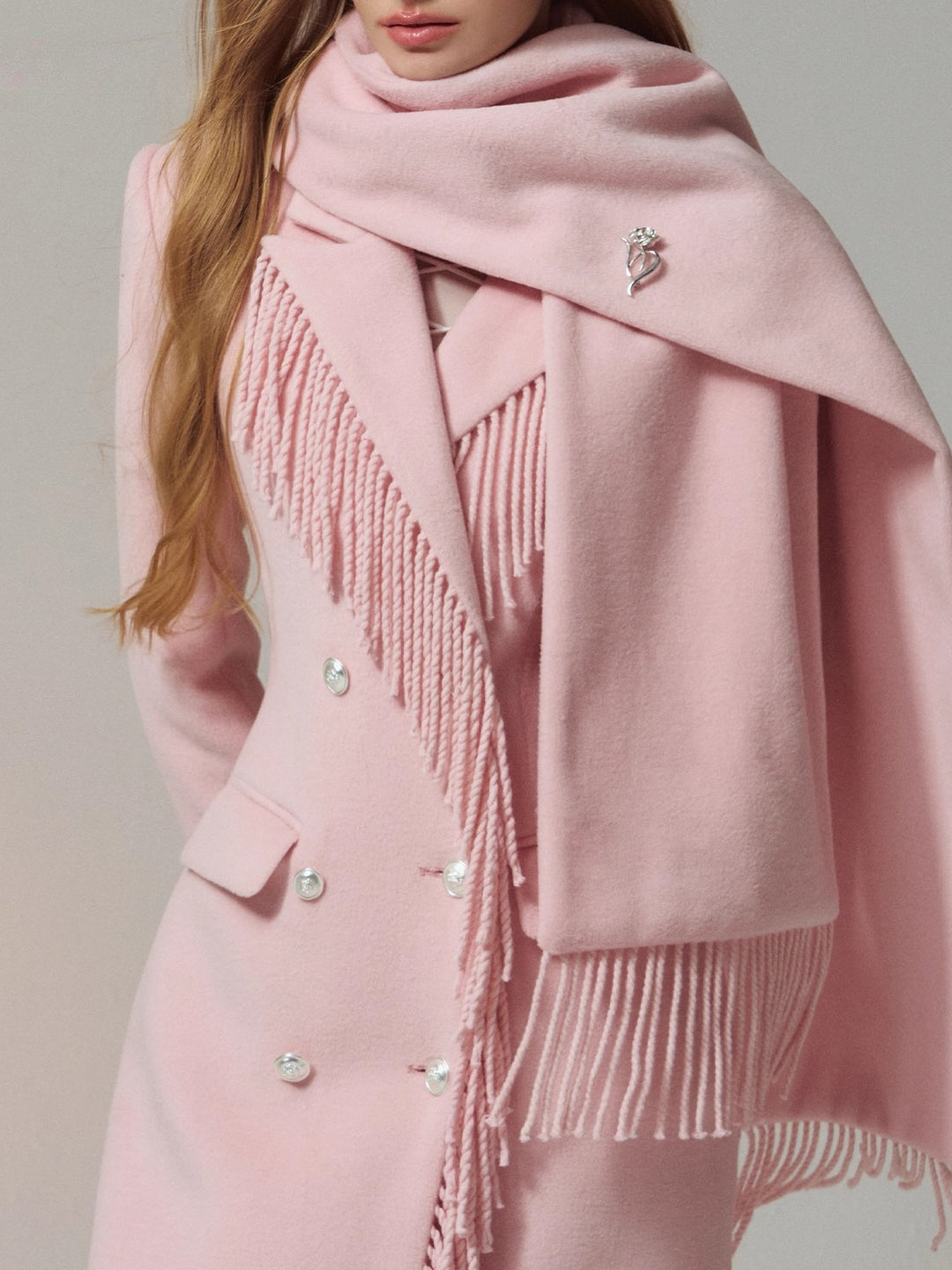 Wool-Blend Hourglass Fringe-Scarf Double-Breasted Long Coat