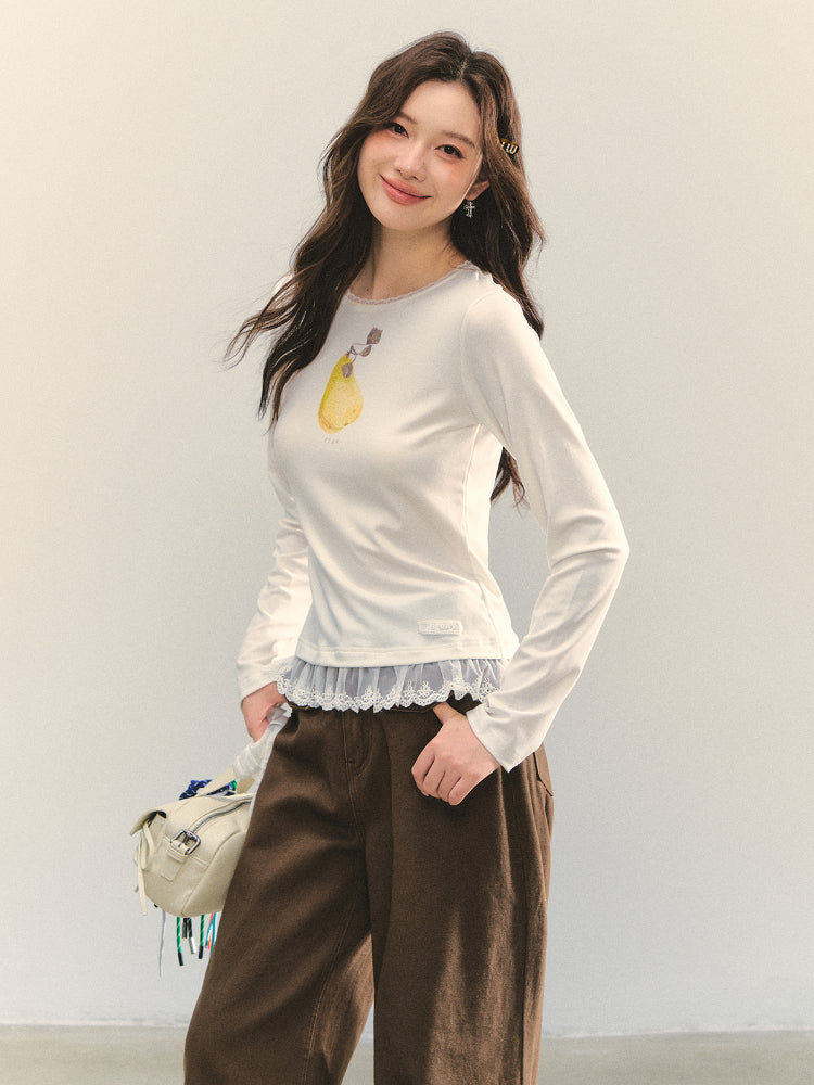 Fruit Print Lace-spliced T-Shirt